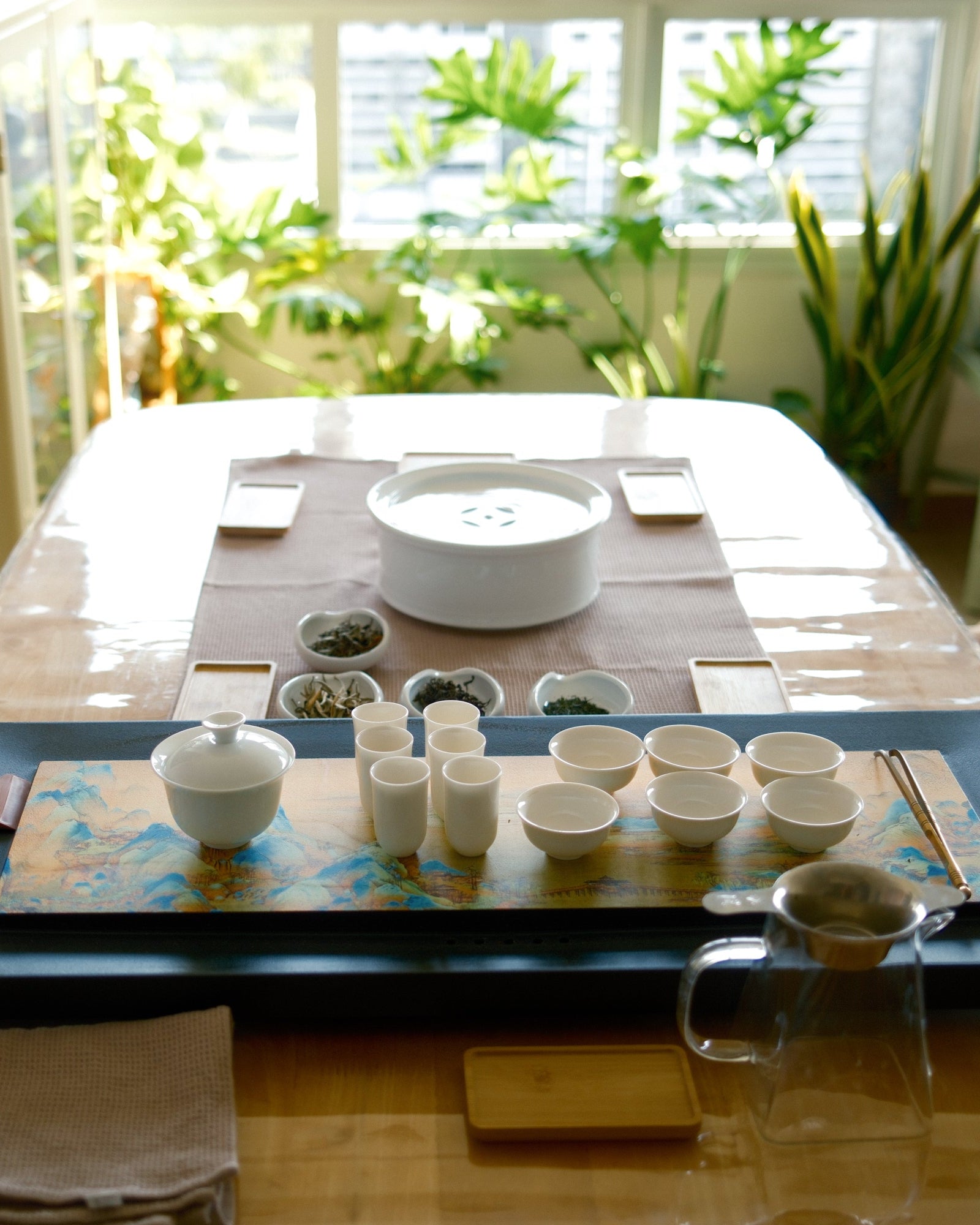 A traditional Chinese tea set arranged on a rectangular wooden table in a bright, sunlit room with potted plants in the background. The set includes a dark blue tray, white ceramic teapots and cups, small bowls, and a glass pitcher.