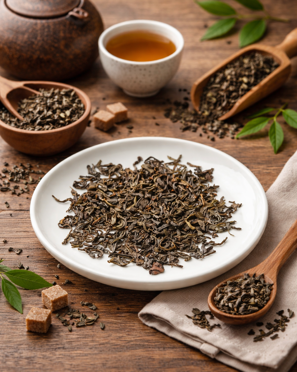 Tea leaves on a white plate with a teapot, cups, and wooden spoons on a wooden surface.