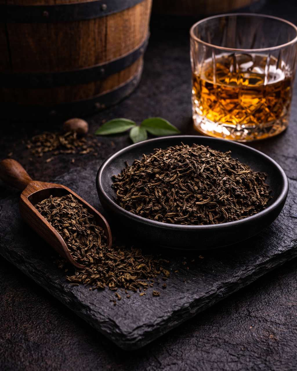 Tea leaves in a bowl with a glass of whiskey on a dark surface