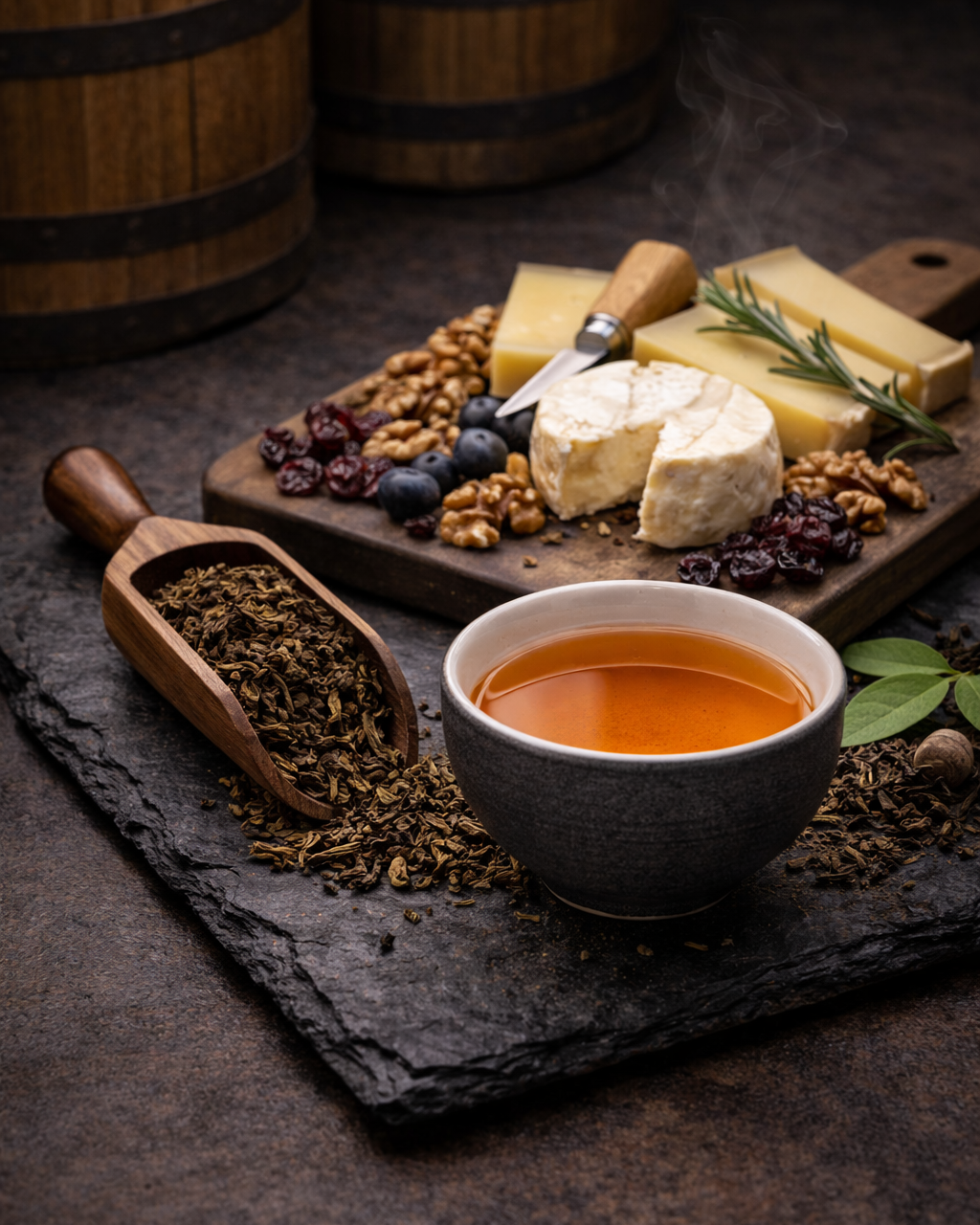 Tea cup with a wooden scoop of tea leaves, cheese platter with crackers, and barrel in the background
